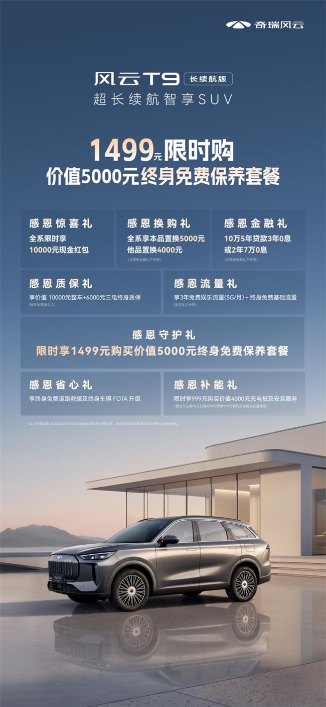 1499元享风云T9长续航终身免费保养、10万5年贷款3年0息 多维礼遇加码