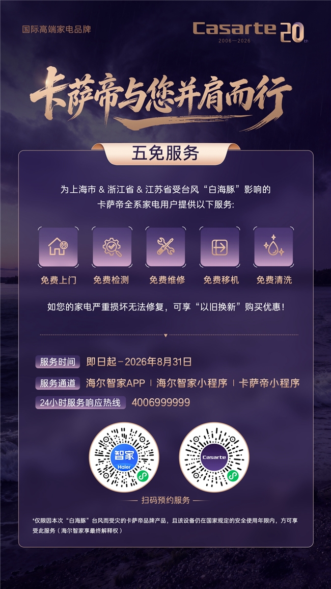 卡萨帝启动台风应急服务预案，江浙沪用户可享“五免”专项保障